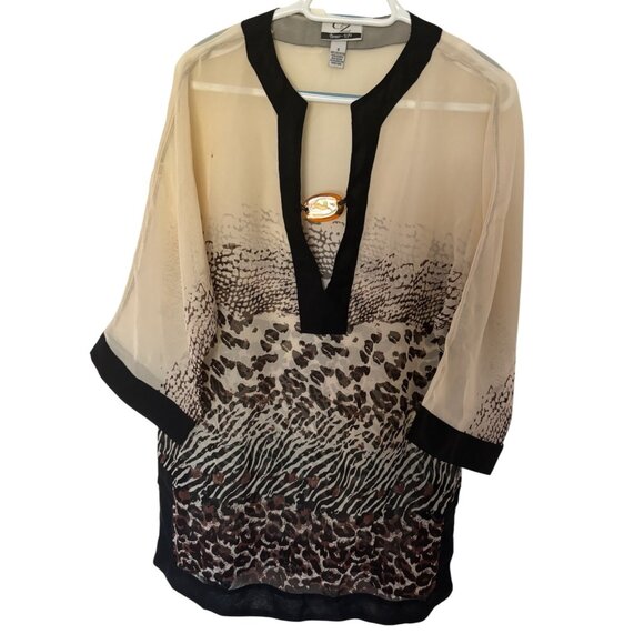 Sheer Beige Black Animal Print Tunic Cover-Up Gold Accent Size Small - Picture 1 of 6